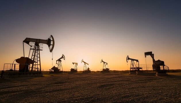Multiple pumpjacks in silhouette, aligned in the distance, set against a golden sunrise with