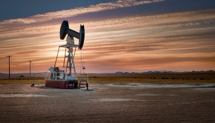 Naklejka premium Single pumpjack towering over a barren field, framed by soft morning light, with wisps of cl