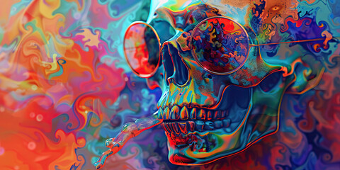 Iridescent Skull with Sunglasses in Multicolored Swirl Background