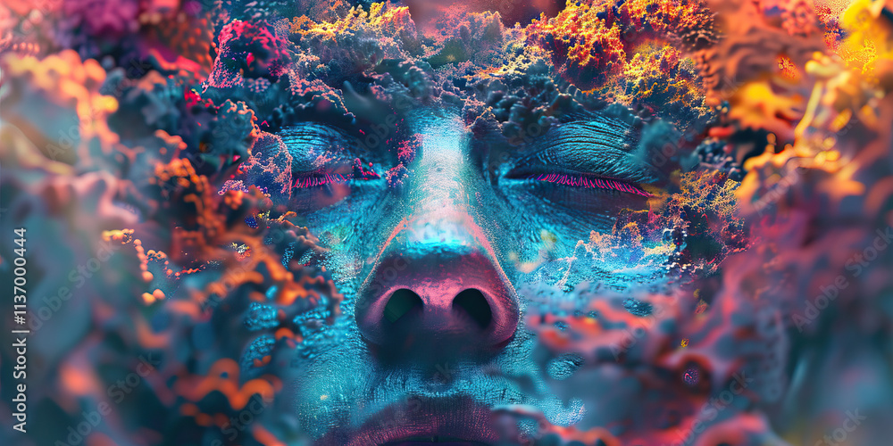 Poster Digital Artwork:  Face Partially Obscured by Multicolored Textured Formations