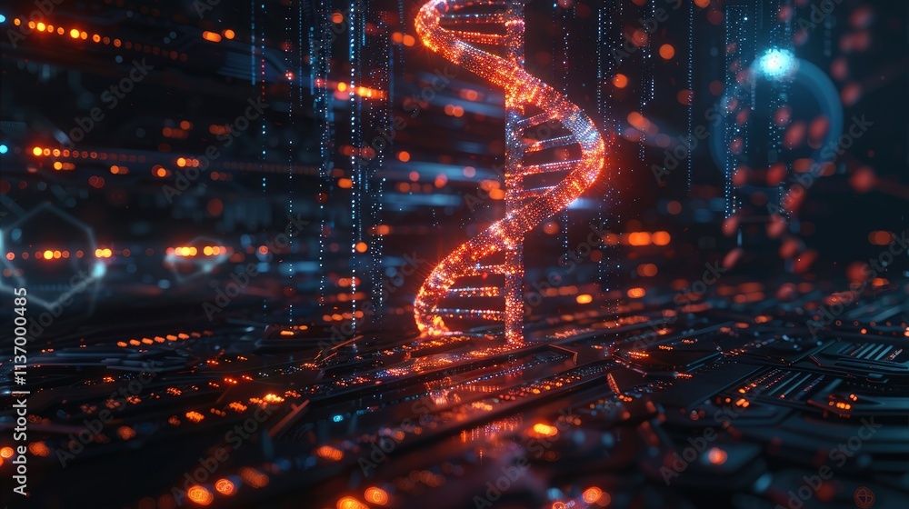 Aufkleber a futuristic visualization of dna intertwined with digital elements and circuitry.