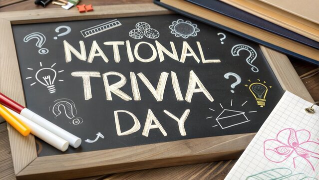 National Trivia Day written in playful, hand-drawn chalk letters on a black chalkboard with fun trivia-related doodles