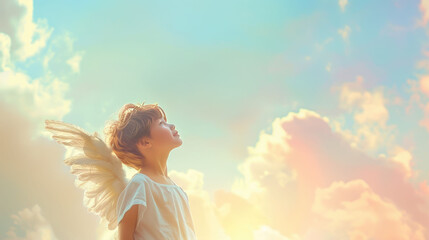 A peaceful angel looking up with soft golden light streaming through pastel clouds in a serene sky