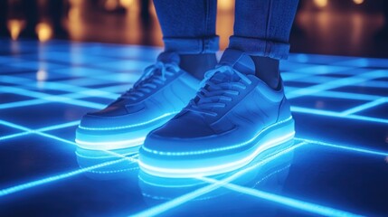 Sneakers with glowing blue lights on a reflective surface, creating a vibrant atmosphere.