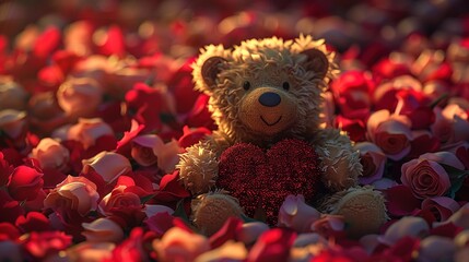 A fluffy teddy bear with a heart in its arms, placed on a bed of rose petals, creating a warm and affectionate scene.