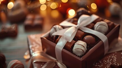 A gift box of assorted chocolates, elegantly tied with a white satin ribbon, placed on a gift table with a blurred, cozy ambiance in the background.