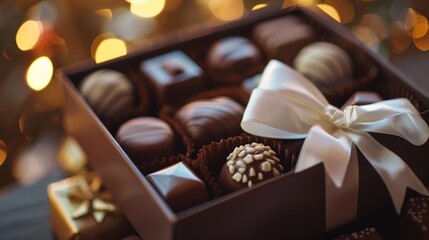 A gift box of assorted chocolates, elegantly tied with a white satin ribbon, placed on a gift table with a blurred, cozy ambiance in the background.