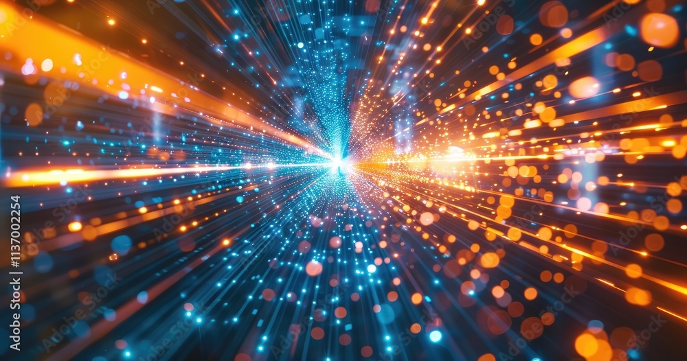 Poster abstract representation of light and motion, evoking speed and technology.