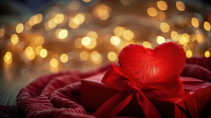 A gift box with a heart-shaped design, wrapped in silky red fabric and tied with a satin bow, set against a background of soft fairy lights.