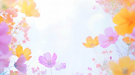 Delicate pastel cosmos flowers in bloom, soft light background, floral arrangement, spring, summer, botanical, delicate, romantic.