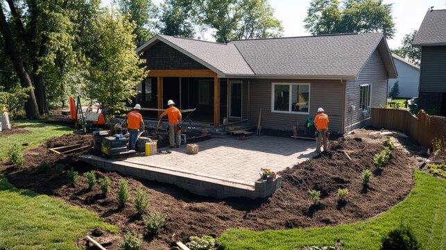 A team works diligently on a new patio installation in a backyard. Grass and landscaping surround the area, with workers focused on laying stones and shaping the landscape
