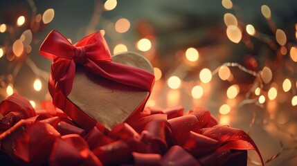 A gift box with a heart-shaped design, wrapped in silky red fabric and tied with a satin bow, set against a background of soft fairy lights.