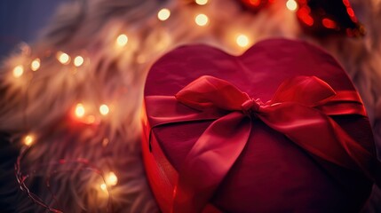 A gift box with a heart-shaped design, wrapped in silky red fabric and tied with a satin bow, set against a background of soft fairy lights.
