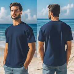 Front and Back View of a Man Wearing a Dark Blue Cotton  T-shirt at the Beach, Mockup, AI