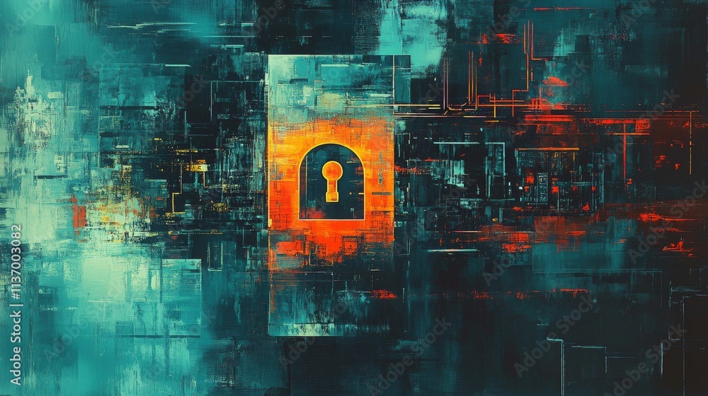 Poster an abstract representation of a keyhole emerges from a colorful digital backdrop, symbolizing access