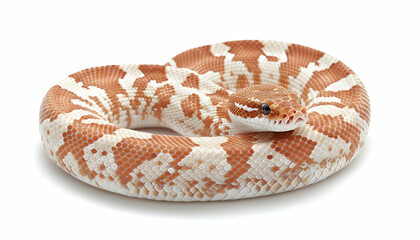 Obraz premium Stunning close-up of a beautiful orange and white snake coiled on a white background. Perfect for reptile enthusiasts, nature documentaries, or herpetology publications.