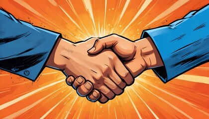 Two hands shaking in a handshake gesture against an orange and blue comic book style background with rays of light