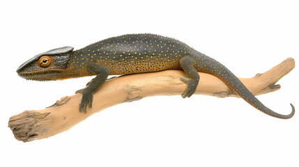 Fototapeta premium A vibrant chameleon, speckled with gold, gracefully perched on a weathered branch against a stark white background. Ideal for scientific, educational, or nature-themed projects.