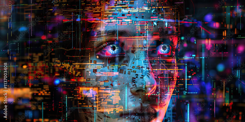Poster human face composite with digital code and circuitry