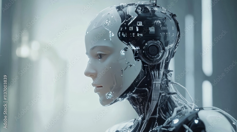Poster a detailed profile of a futuristic humanoid robot, showcasing its sleek and intricate mechanical des