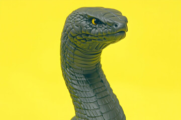 Fototapeta premium Close-up of a dark, textured snake figurine against a vibrant yellow backdrop. The snake's head is turned slightly, showcasing intricate detailing.