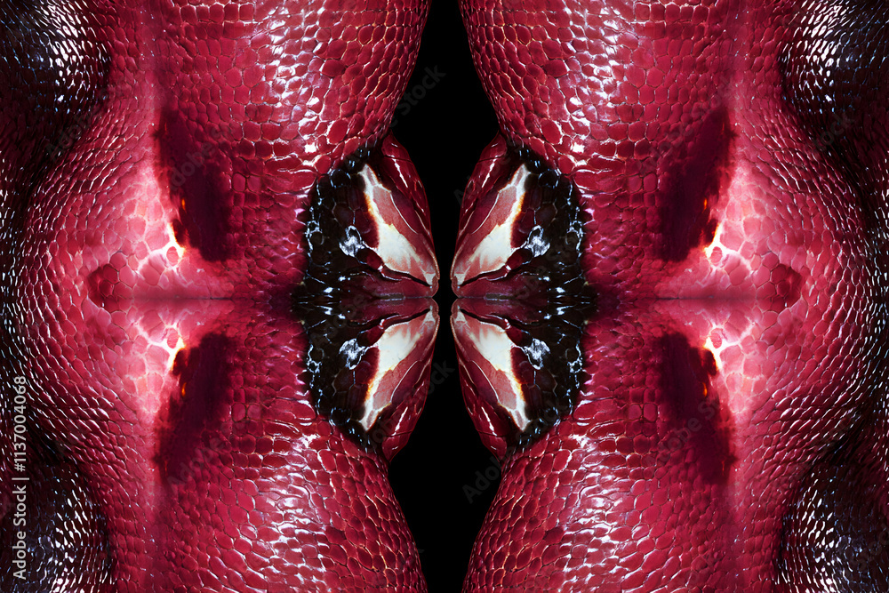 Poster abstract symmetrical image of a deep red, textured surface resembling reptile skin or a flower, crea