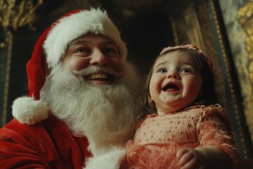 Obraz premium Yule promotion creative pic for magazine ad and internet marketing use. Jolly christmas, Ñute baby girl joyful with santa claus. Christmas happiness ads. Santa claus holding child.