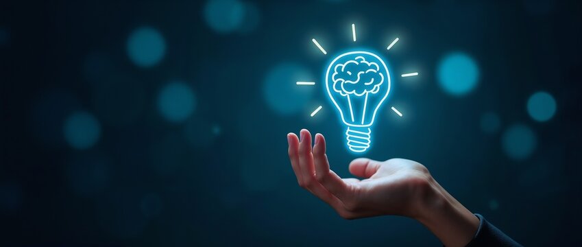 Glowing lightbulb featuring a brain symbol above an outstretched hand, symbolizing innovation and creativity in a conceptual and abstract setting.

