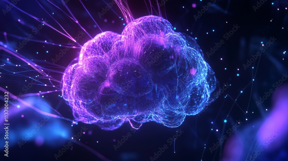 Poster a glowing purple and blue brain, symbolizing an artificial neural network, is surrounded by lines of