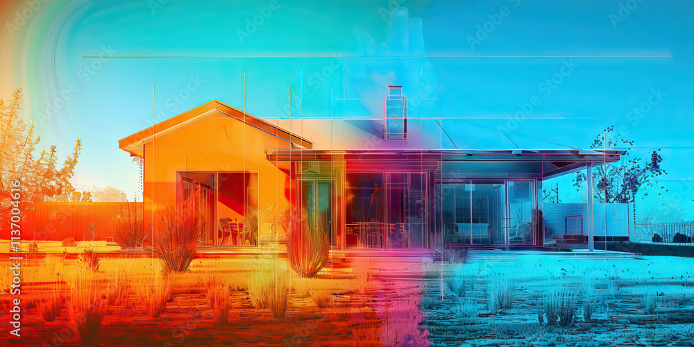 Poster architectural rendering: modern ranch house design with wireframe overlay