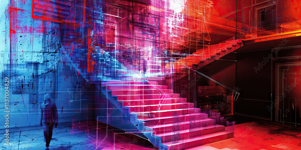Poster digital rendering of staircase with architectural overlays