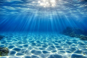 Stunning underwater scene with sunbeams illuminating the ocean floor and creating a mesmerizing pattern on the sandy seabed.