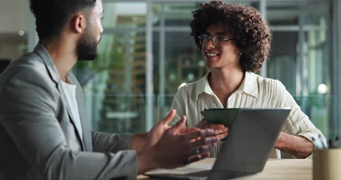Businessmen, laptop and handshake for discussion, training and mentorship with project planning. Manager, employee and onboarding for proposal feedback, creative agency or brand consultant review