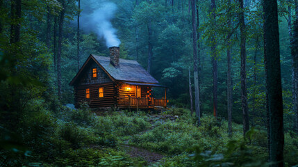 A lonely wooden cabin in the middle of a dense forest, smoke rising from the chimney as twilight descends.