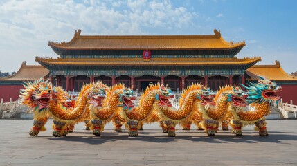 Fototapeta premium Dragon Dance Performance at a Magnificent Palace