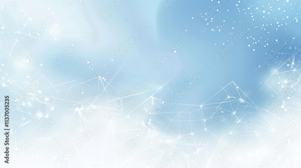 Poster abstract blue and white background with sparkling elements and geometric lines.