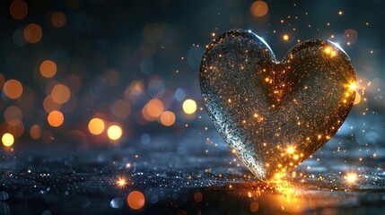 A heart covered in sparkling glitter, with tiny lights reflecting off its surface, creating a festive glow.