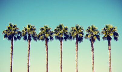 Seven majestic palm trees stand tall against a vibrant, clear blue sky, creating a serene and picturesque tropical scene. Ideal for travel, vacation, or summer-themed designs.