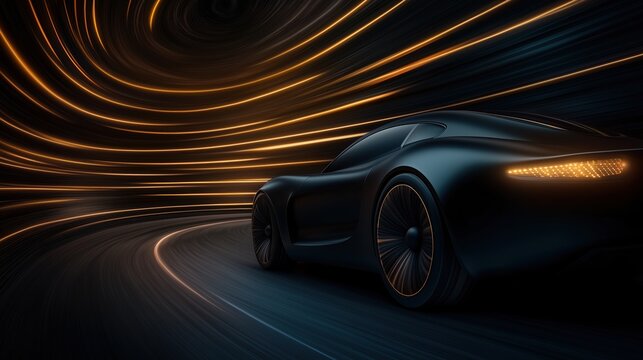 Futuristic silhouette of the car in motion, aerodynamic body, high-tech and ultra-modern look. Stripes of yellow neon light and shadow create a tunnel on dark tones, a sense of speed and energy.
