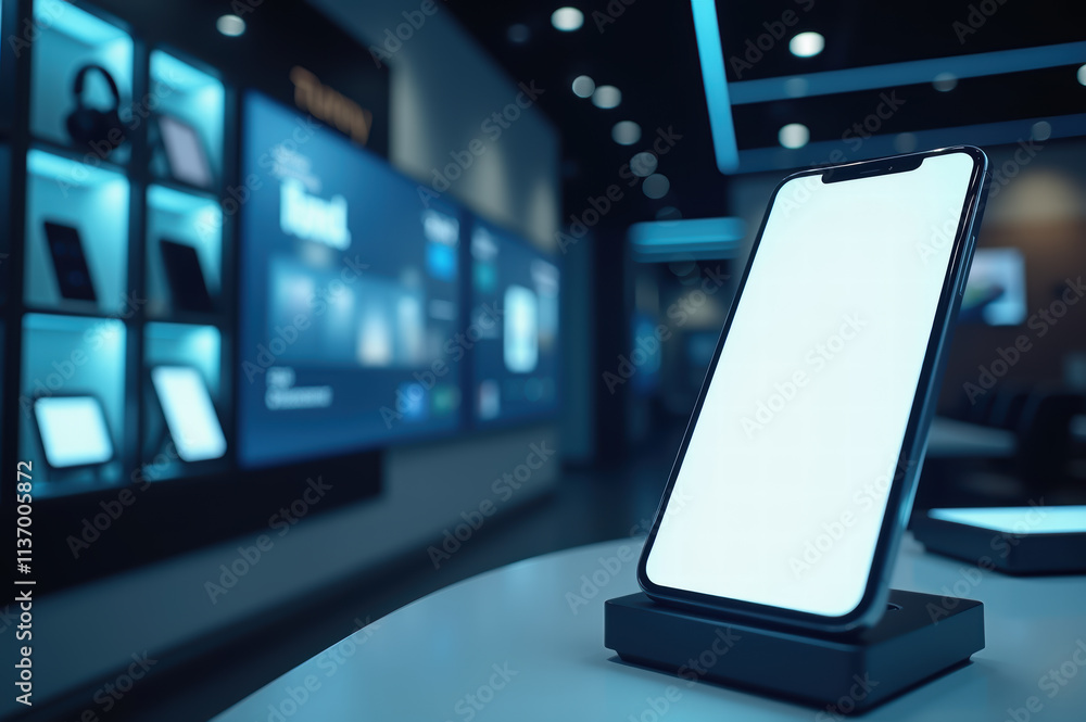 Poster sleek smartphone display in modern electronics store with ambient lighting