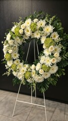 Large mourning wreath made of white and green flowers on a stand