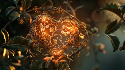 A heart with ornate swirls and floral elements, detailed and softly illuminated to highlight the intricate design.