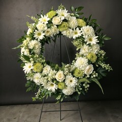 Large mourning wreath made of white and green flowers on a stand