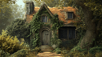 Obraz premium A long-forgotten hunting lodge deep in the woods, its entrance choked with ivy and floorboards riddled with holes.