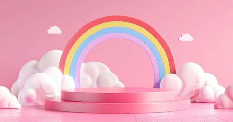 A whimsical pink stage with a rainbow and fluffy clouds, ideal for playful presentations.