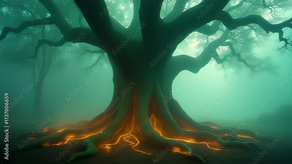 Aufkleber a massive tree with glowing roots extending deep into the ground, surrounded by mist