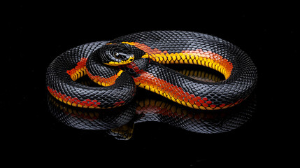 Obraz premium Striking coral snake, vibrant red and yellow markings against sleek black scales, isolated on black background. Perfect for wildlife, nature, or reptile-themed projects.