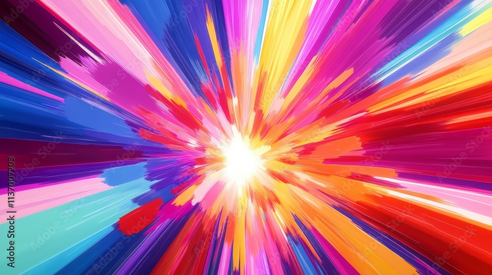 Poster vivid display of multicolored light streaks radiating outward from a bright center, creating an ener