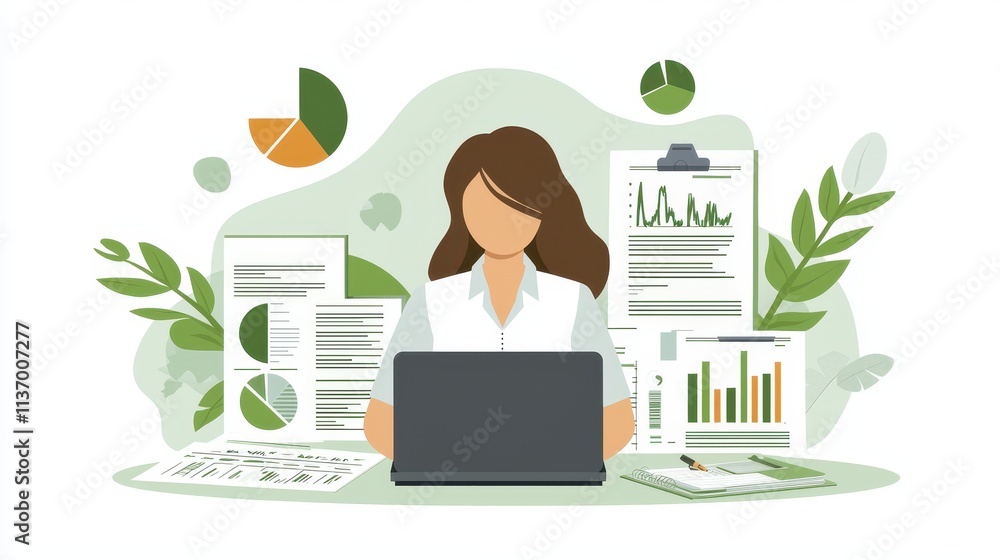 Poster business professional analyzing data with charts and documents at a desk surrounded by greenery
