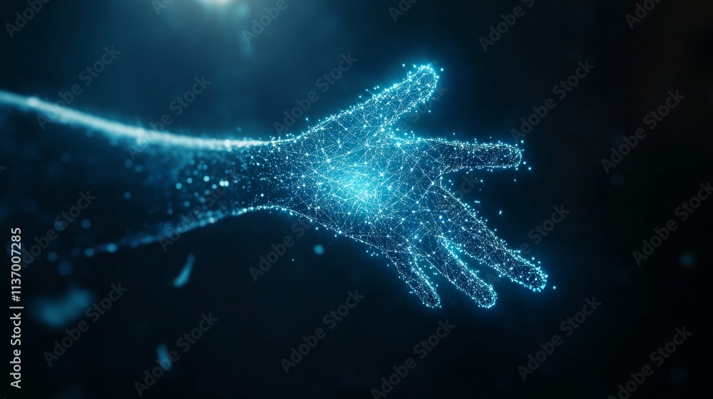 Poster a glowing blue hand made of particles floats in virtual space, symbolizing artificial intelligence a
